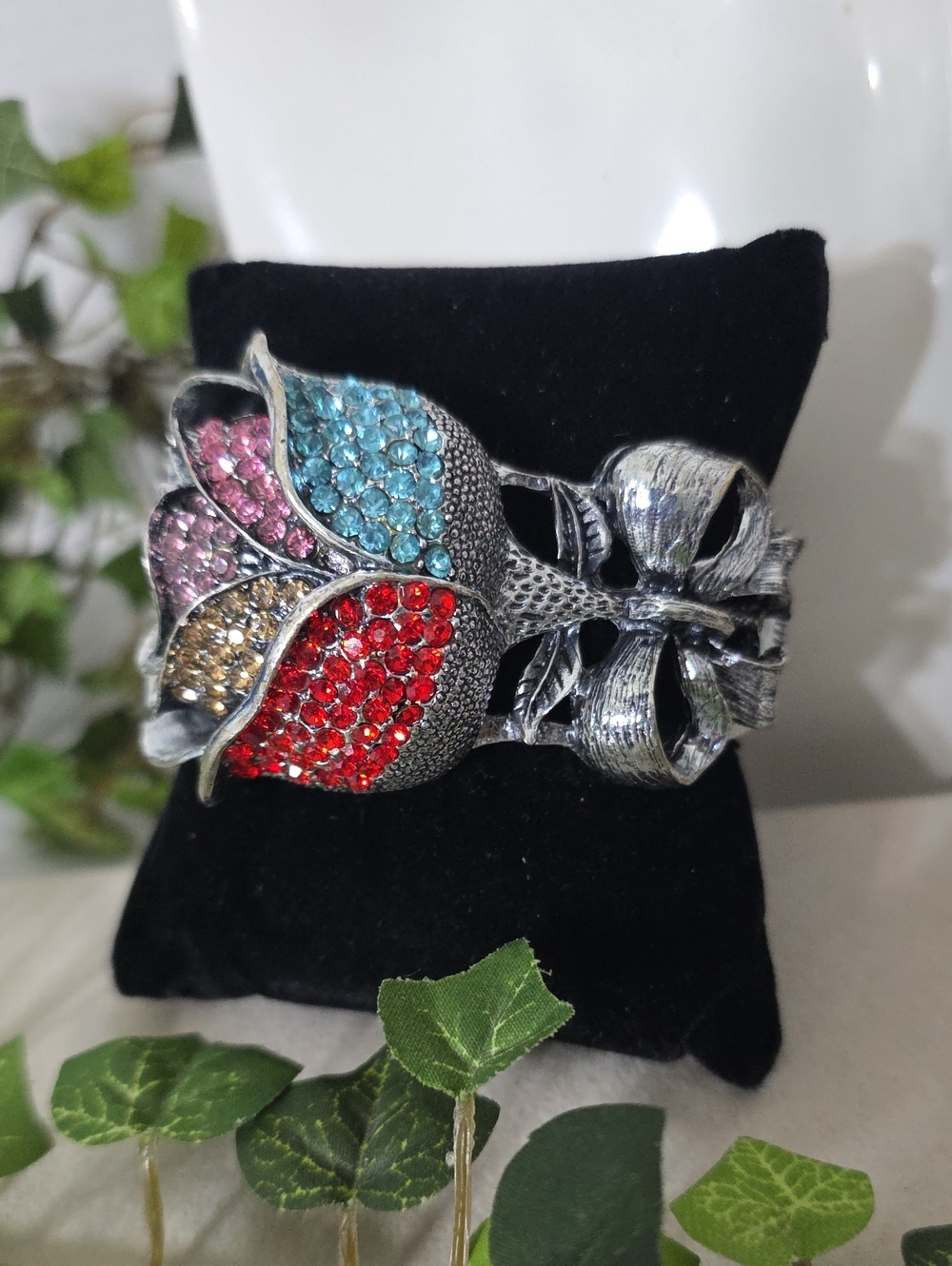 Vintage Style Multicolor Rhinestone Rose Hinge Cuff Bracelet